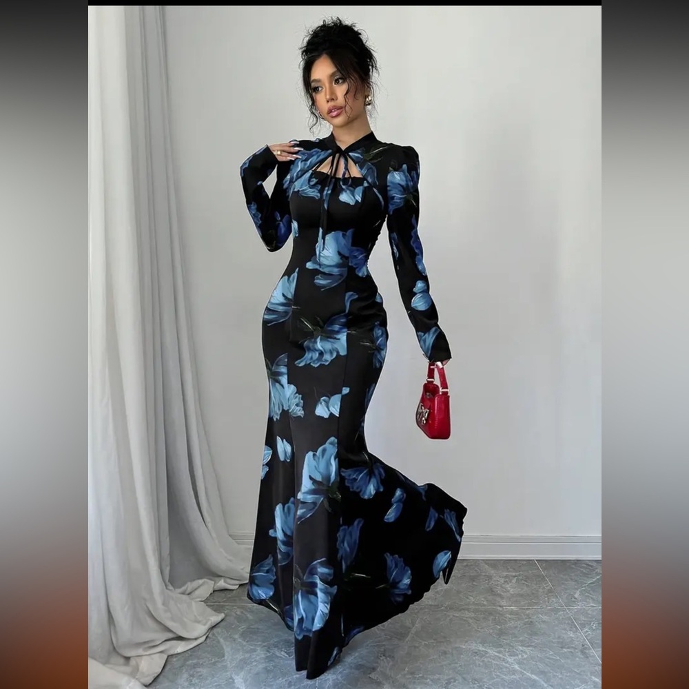 Elegant Black and Blue Floral Maxi Dress